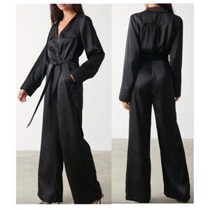 NWT PRETTY LAVISH Carmen Black Satin Jumpsuit Collared V-Neck Button Cuffs SZ 4